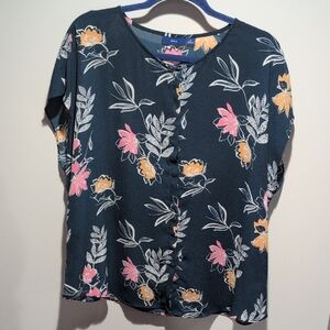 Apt. 9 Navy Floral Button-Front Blouse with Pink & Yellow Blooms